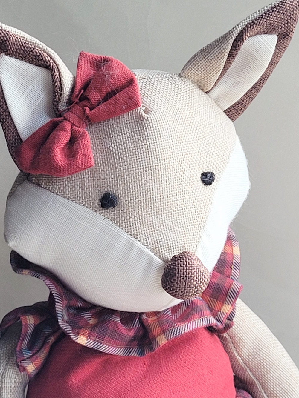 Plush Fox Doll with Red Bow and Plaid Collar - Weighted Shelf Sitter
